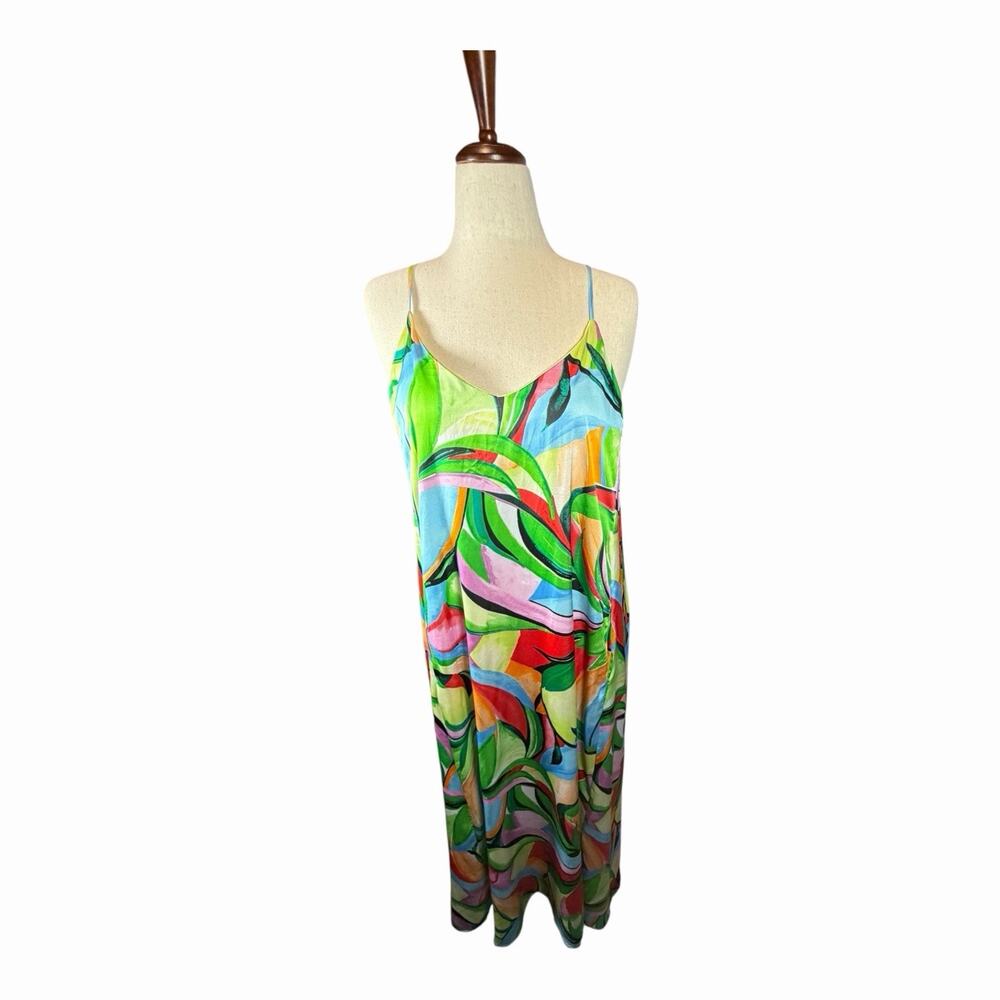 Nicole Miller Dress Womens L Multicolor Abstract Maxi Spaghetti Strap Satin Art